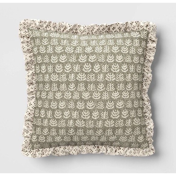 Square Block Print Reversible Pillow with Ruffle Trim Green - Threshold NEW - Picture 5 of 9
